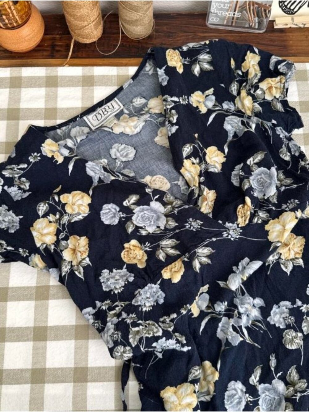 Vintage 90s DBY Navy Floral Wrap Mini Dress V Neck Tie Back - Picture 4 of 5